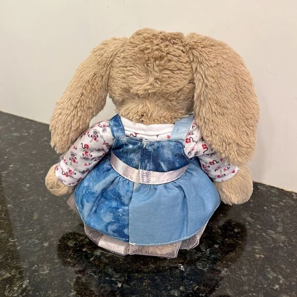 12” Manhattan Toy Company Tan Bunny Rabbit Plush Blue Dress with Pink Flower Top - Picture 4 of 8
